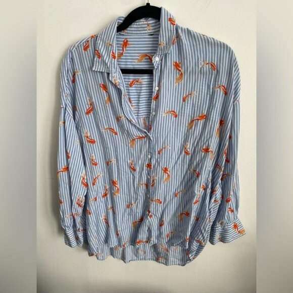 ZaraGoldfishNoveltyPrintStripedOversizedButtonDownBlouseTopLLarge - Picture 2 of 5